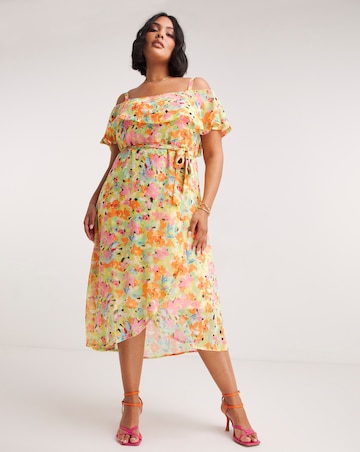 Floral Print Bardot Wrap Midi Dress