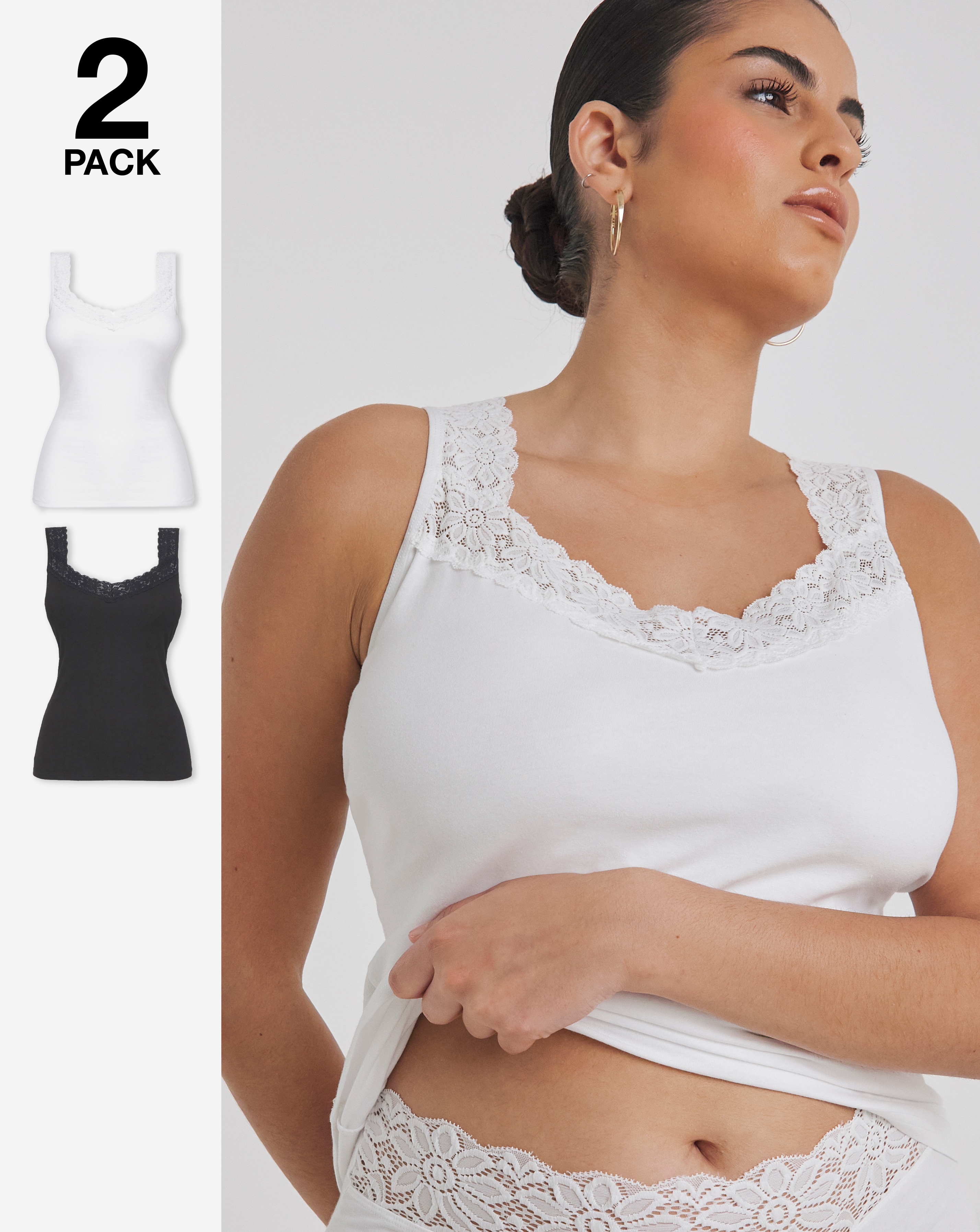 Pretty Secrets (2 Pack) Lace Trim Vests White/Black | Simply Be