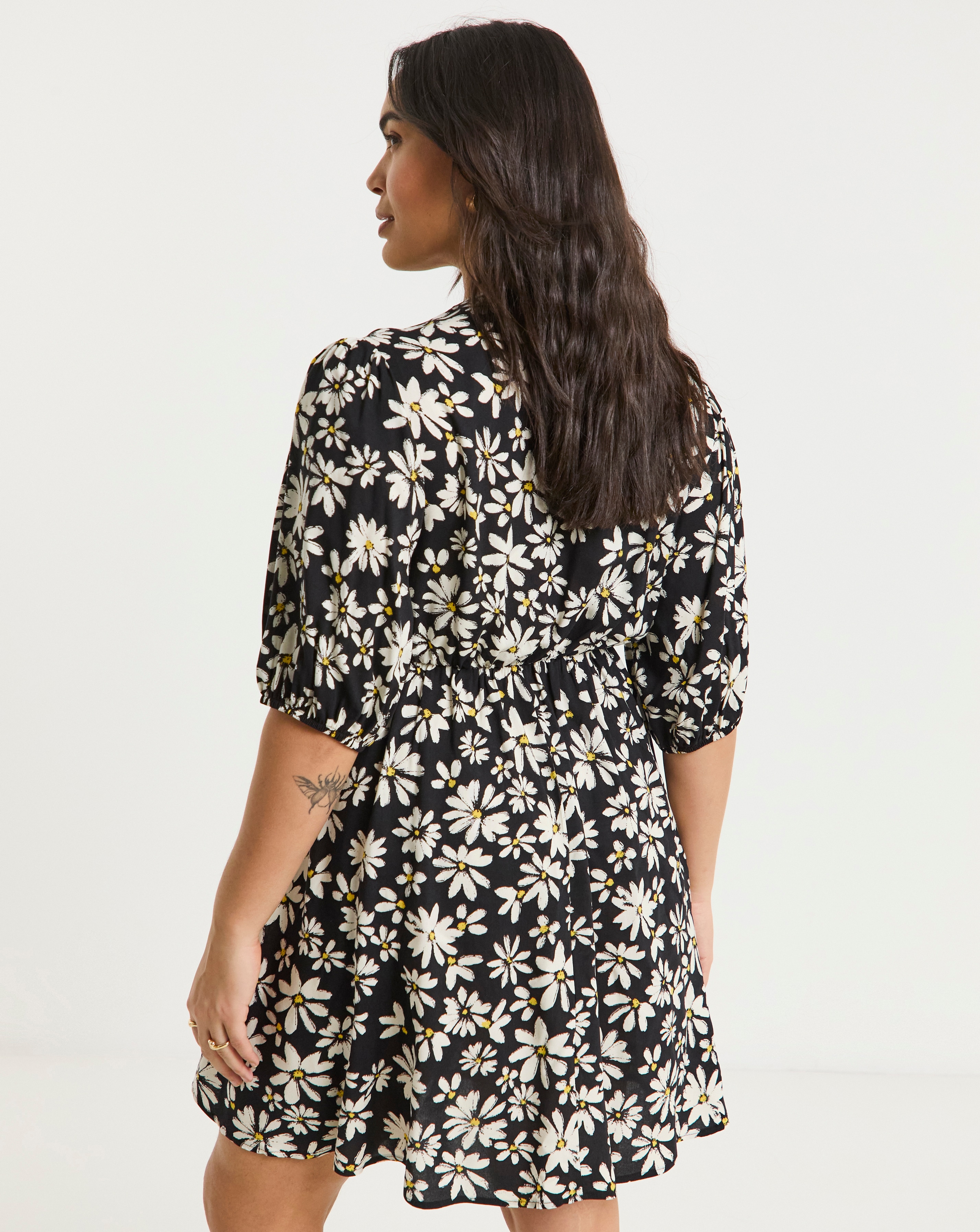 Simply Be Daisy Print Button Through Viscose Skater Dress | Simply Be