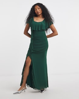 Flounce London Green Ruched Mesh Maxi Dress