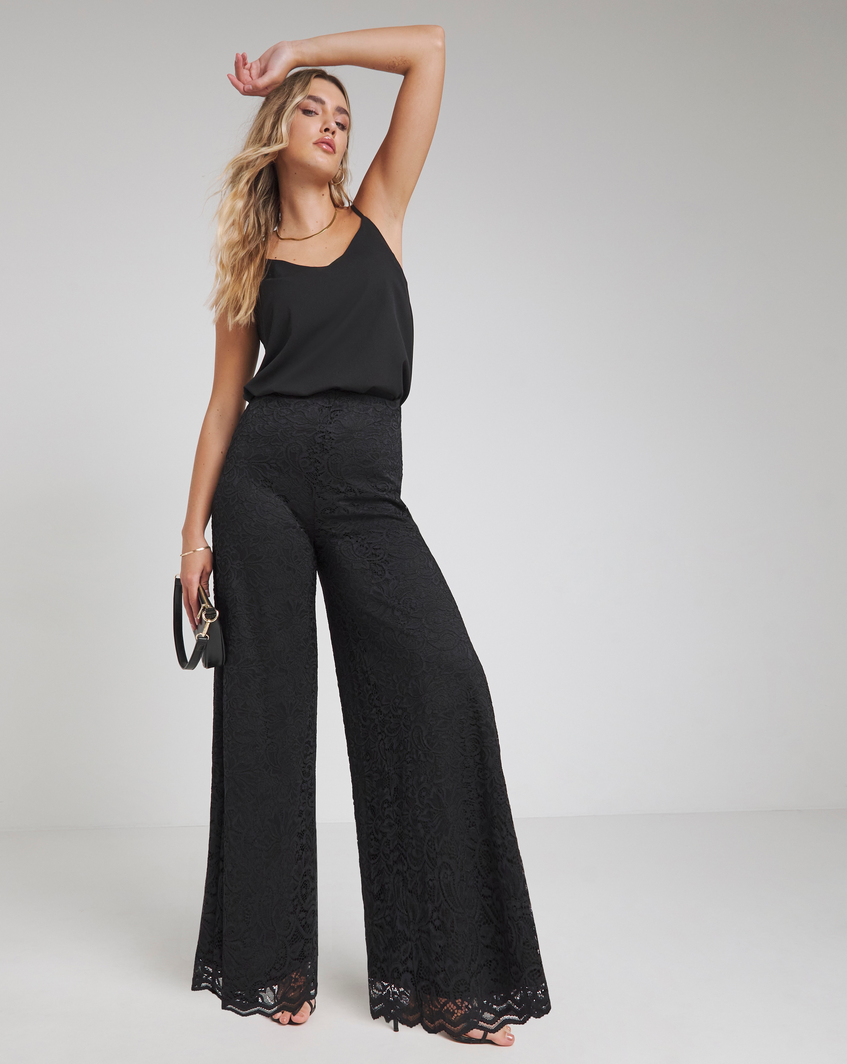 Flounce London Black Lace Lined Wide Leg Trousers Simply Be