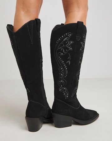 Venus Suede Embroidered Knee High Western Boots Wide E Fit Curvy Calf