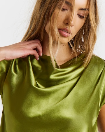 Olive Satin Draped Sleeveless Blouse
