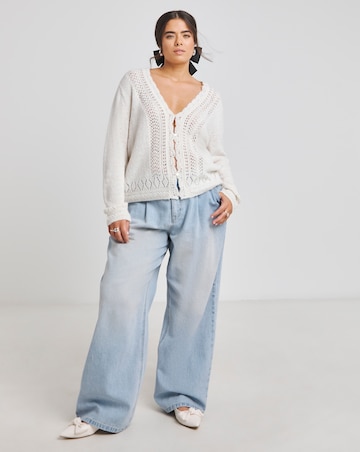 Cream Pointelle Fluffy Scallop Edge Cardigan