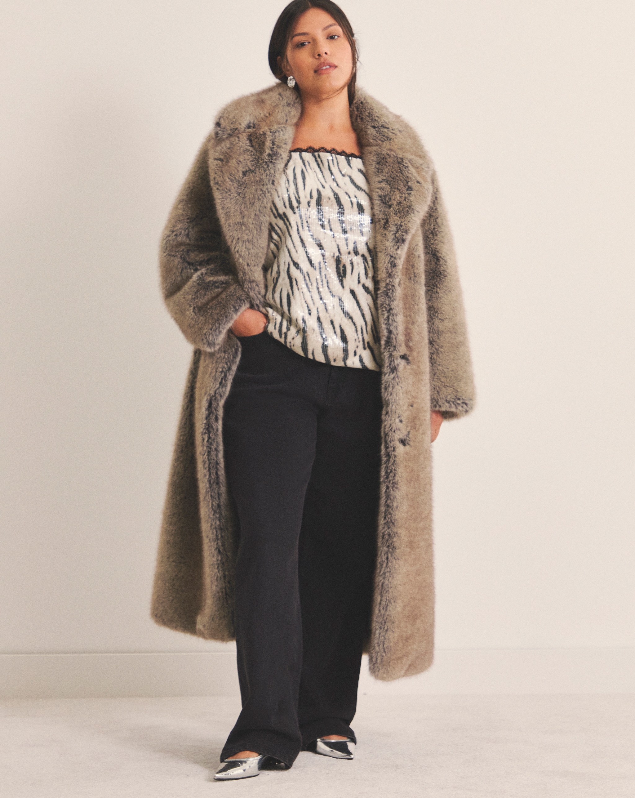 Model wearing Natural Faux Fur Maxi Coat