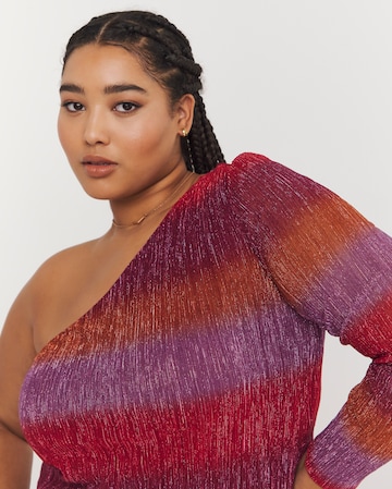 Multi Ombre Stripe Pleated Glitter Mesh One Shoulder Maxi Column Dress
