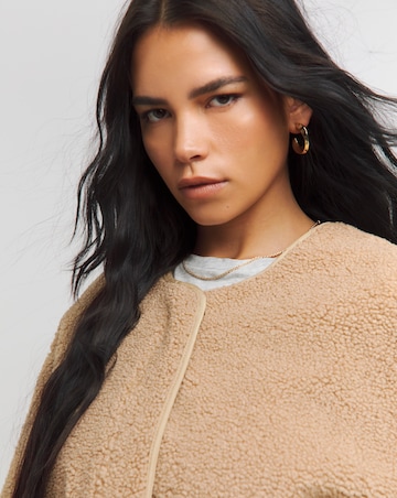 Natural Round Neck Zip Through Borg Jacket