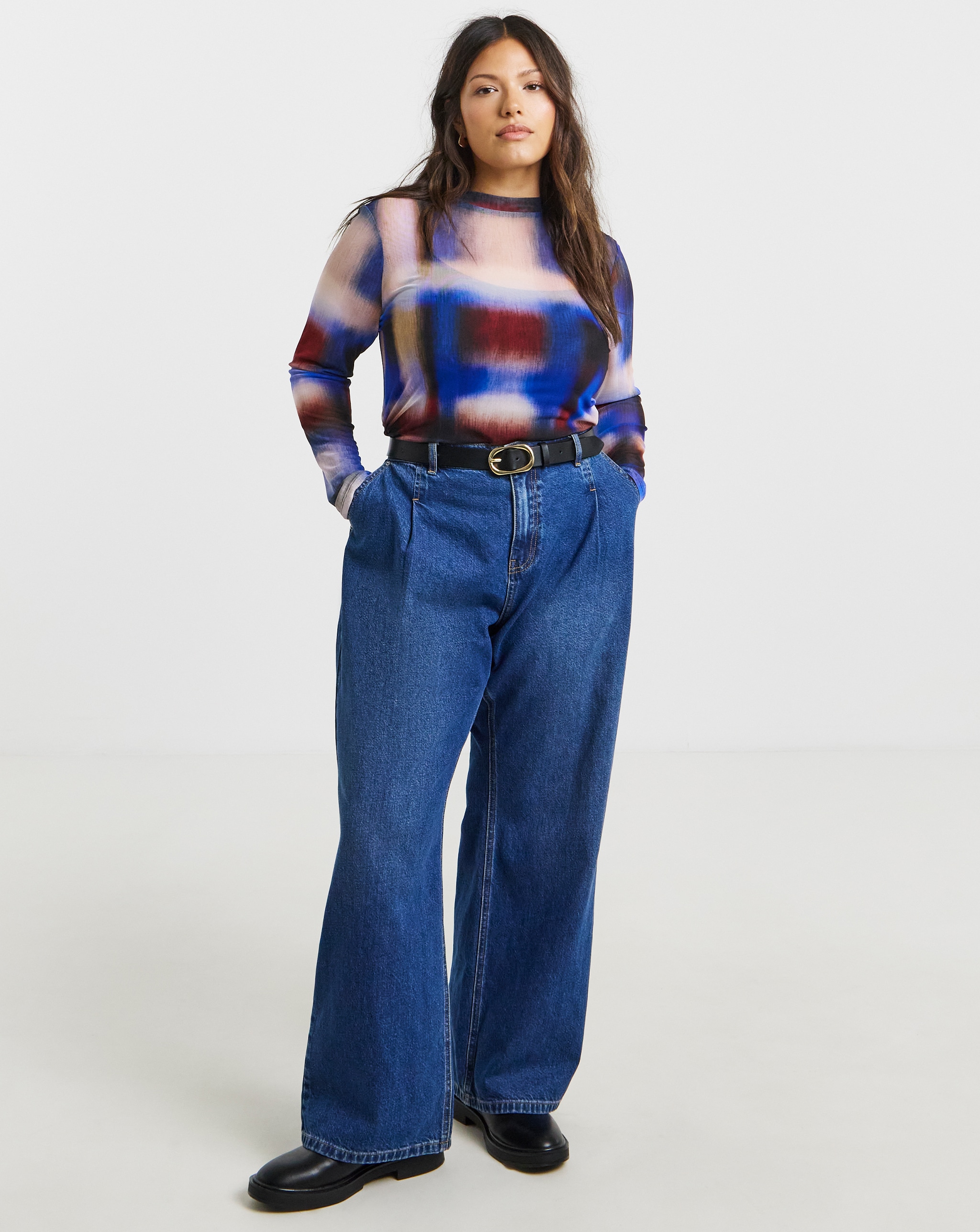 Red & Blue Check Print Mesh Top