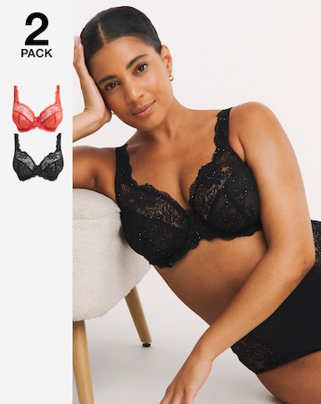 Pretty Secrets (2 Pack) Ella Lace Full Cup Wired Bras (B-J) Black Sparkle/Red