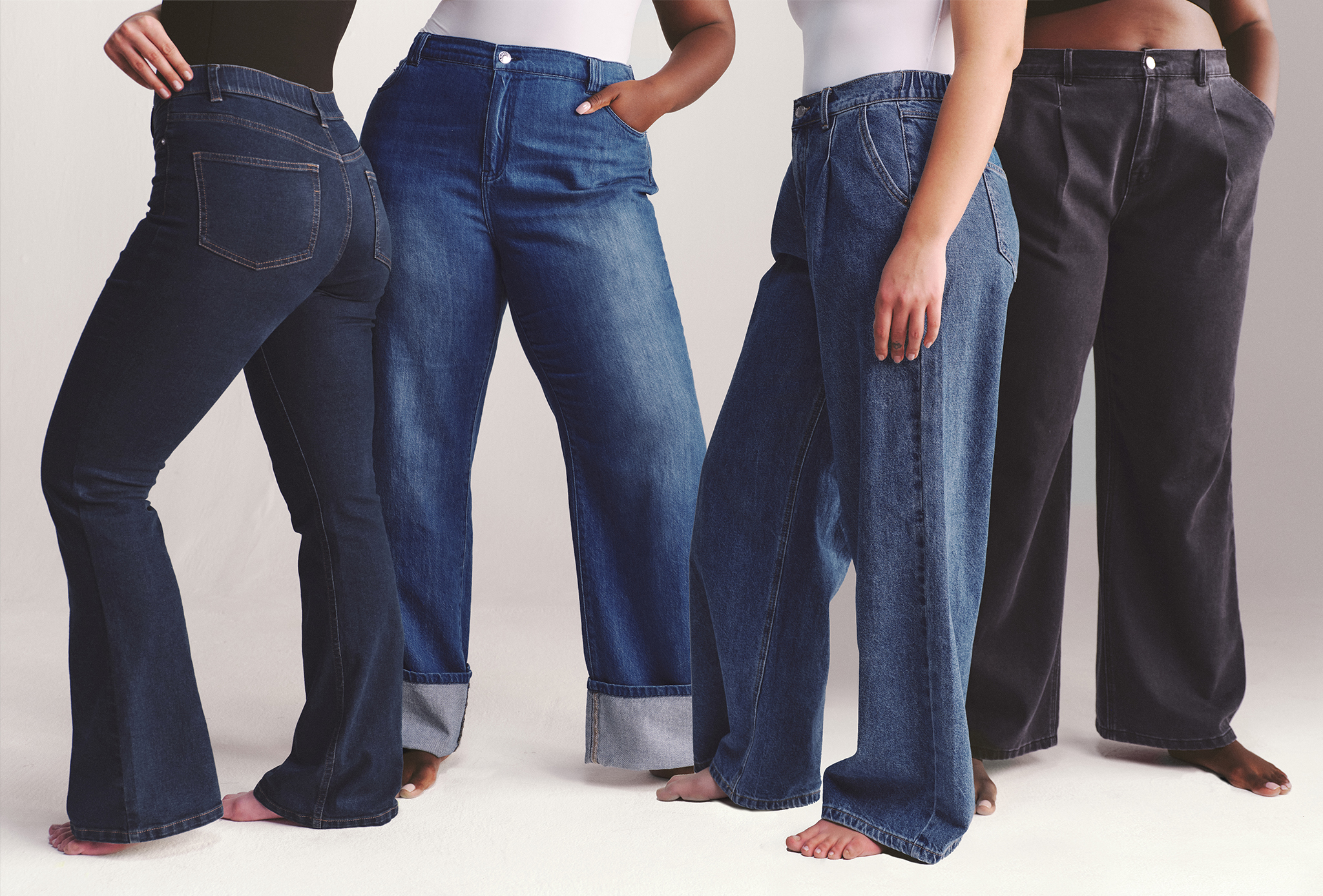 Models wear jeans on various fits and washes