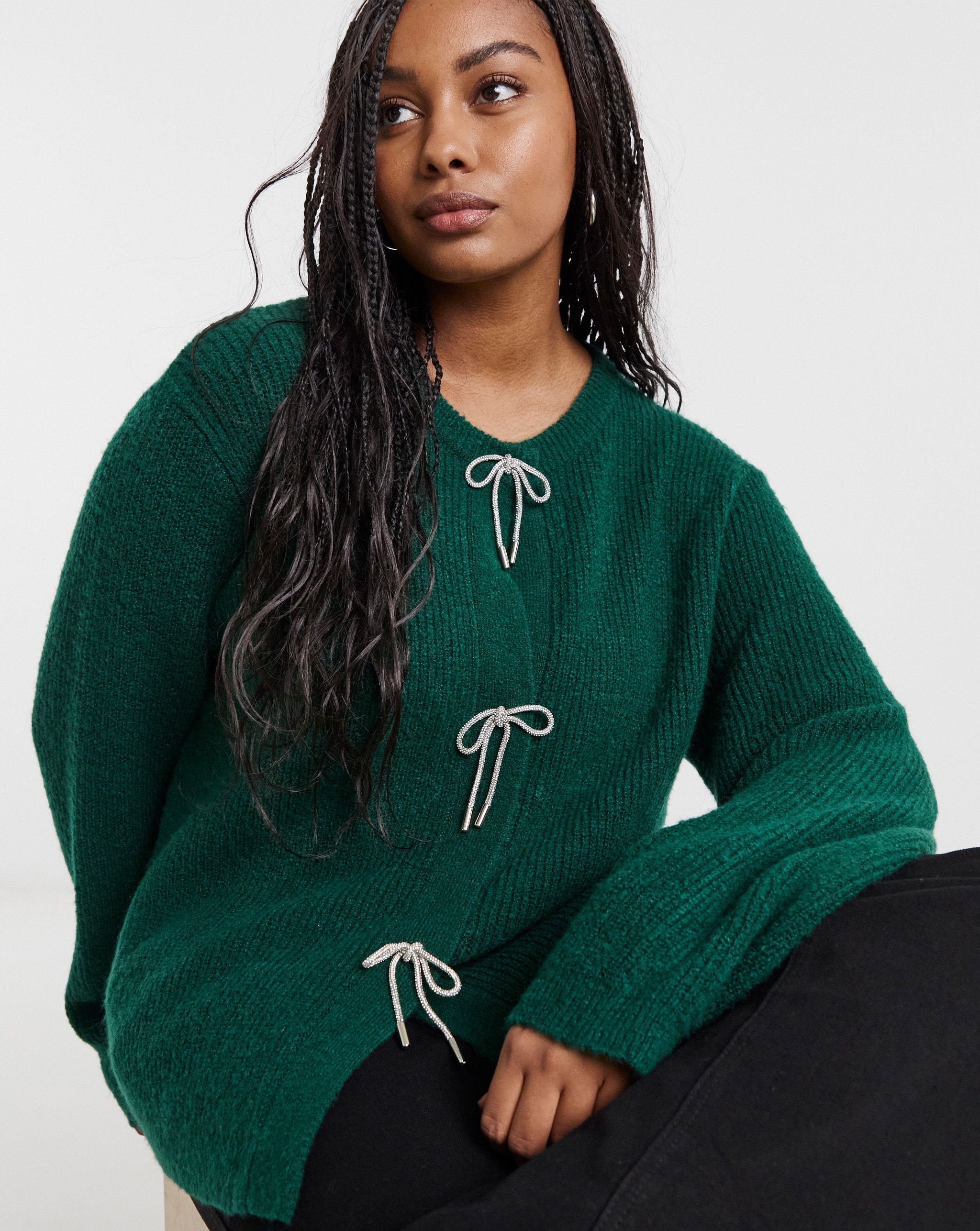 Model Wearing Forest Green Diamante Bow Cardigan