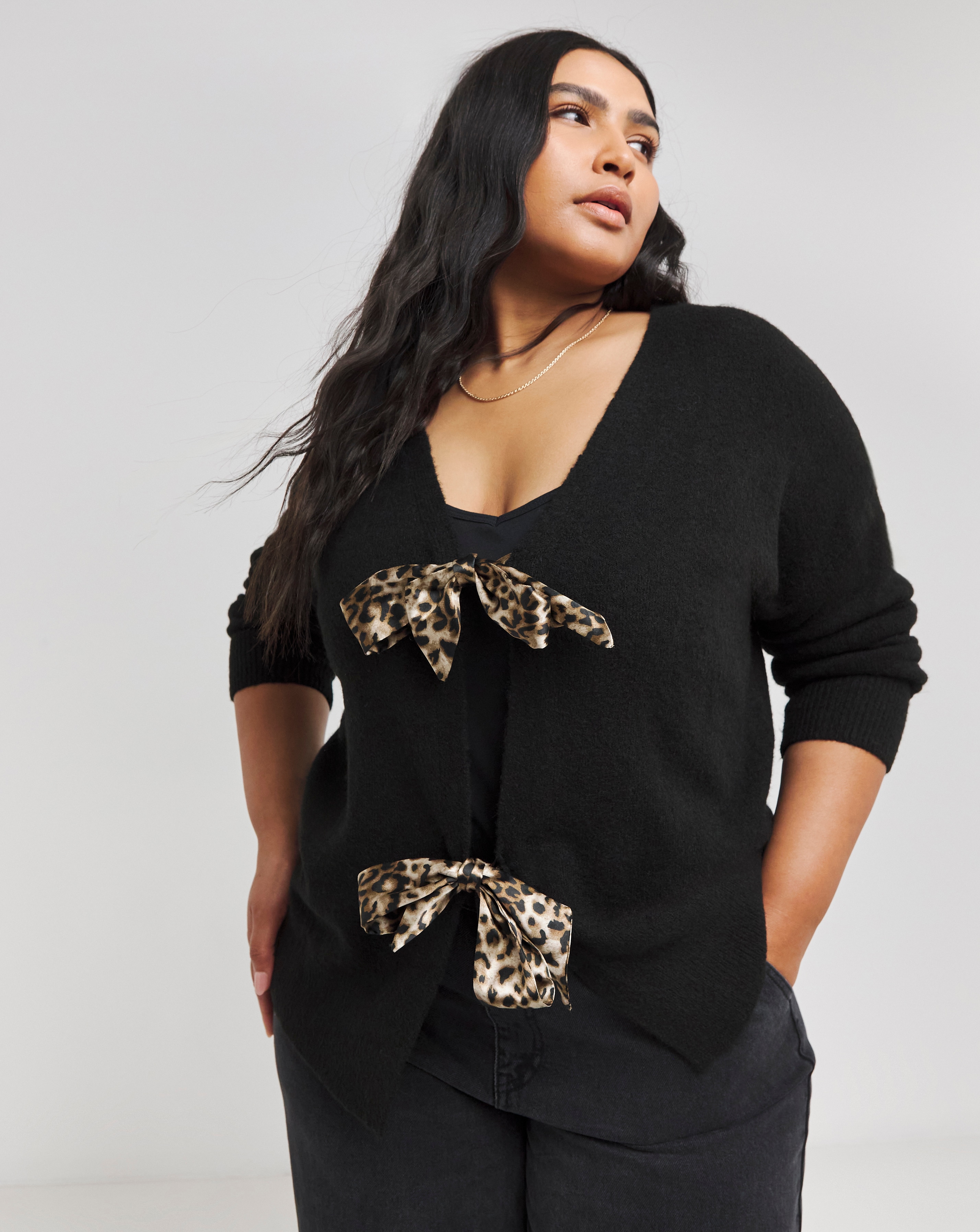 Black Satin Leopard Bow Tie Front Cardigan Simply Be
