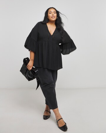 Black V Neck Textured Smock Top