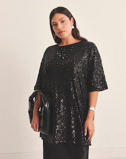 Black Linear Sequin Oversized T-Shirt