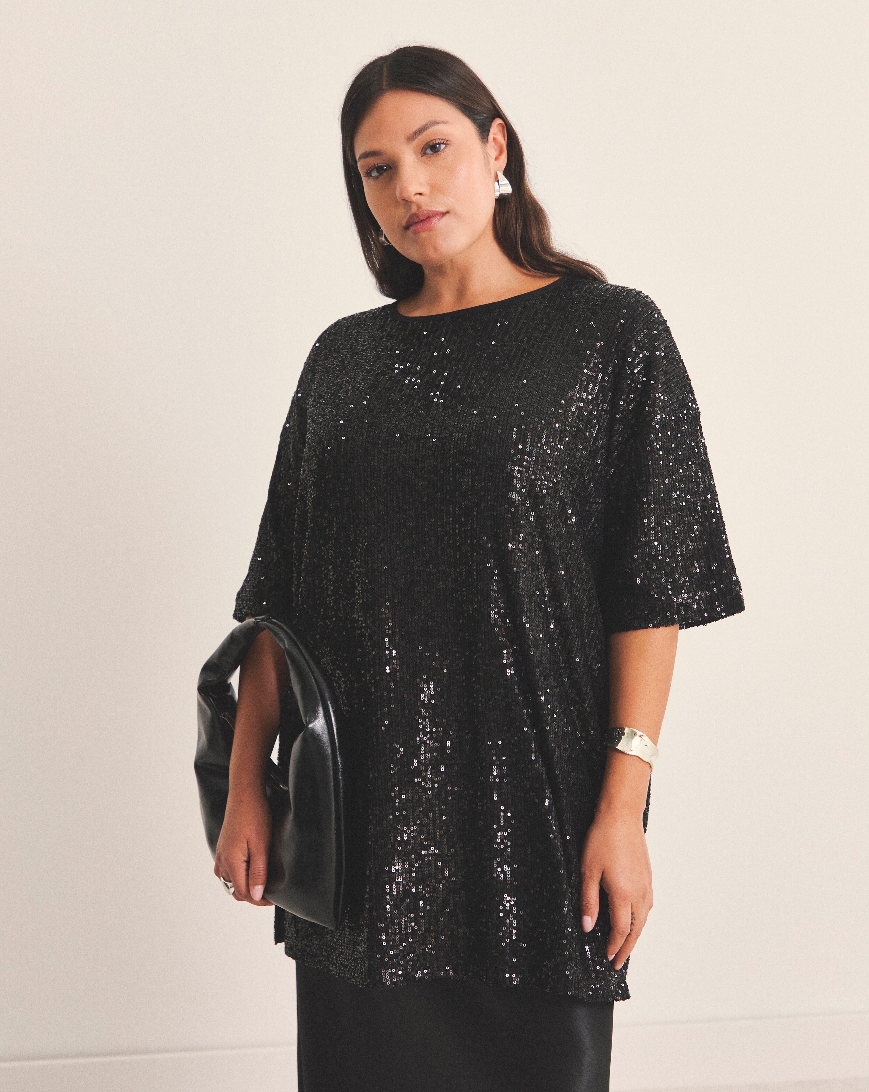 Simply Be Black Linear Sequin Oversized T-Shirt