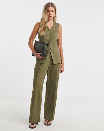 Khaki Linen Blend Longline Co-ord Waistcoat