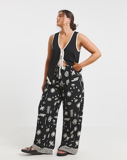 Mono Print Tie Waist Linen Mix Wide Leg Trouser