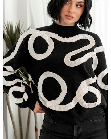 Lovedrobe Black Jumper With Contrasting Satin Squiggle Applique