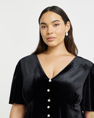 Black Button Through Velour Skater Dress
