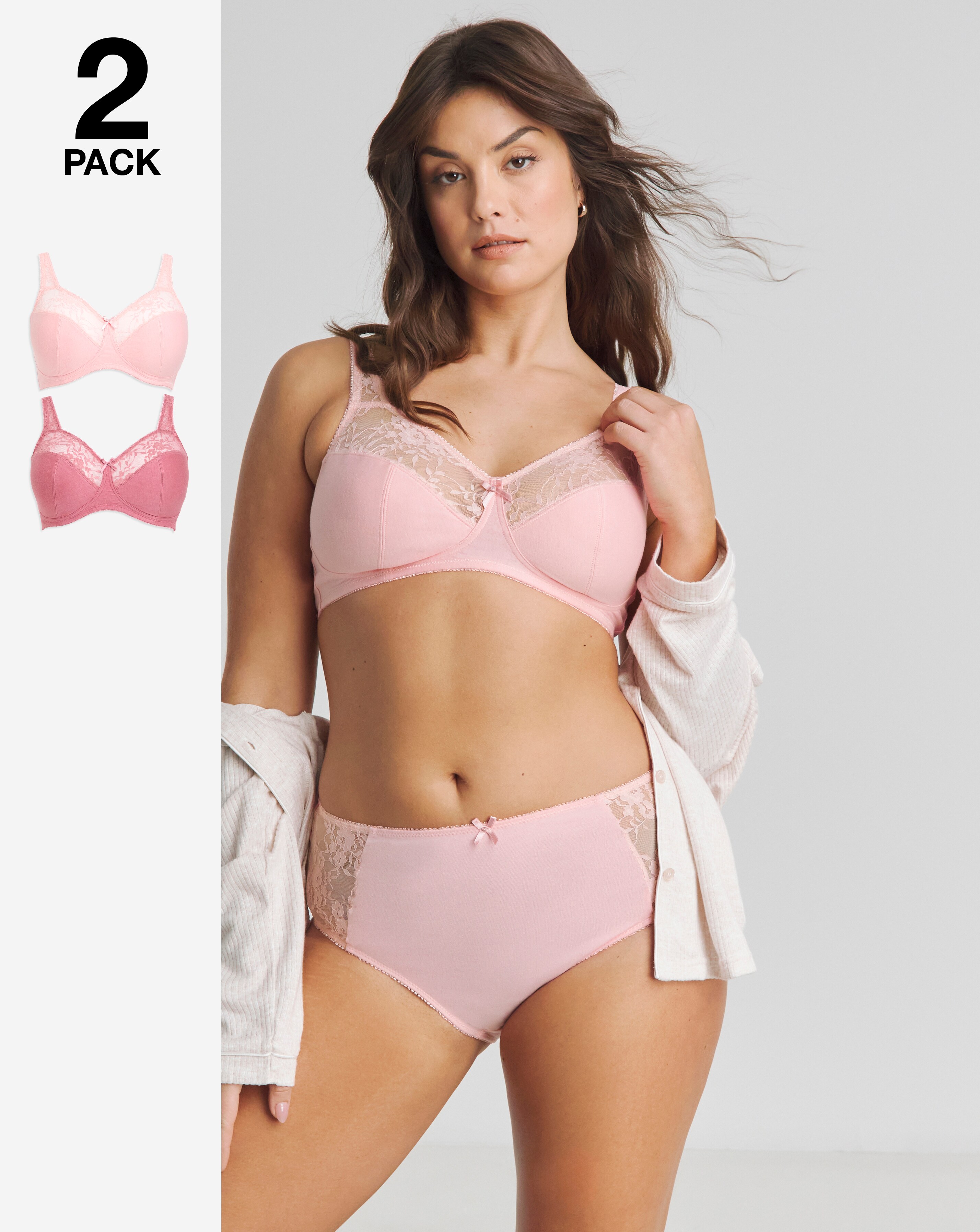 Pretty Secrets (2 Pack) Cotton Lace Non Wired Full Cup Bras (B-G) Pink Multi