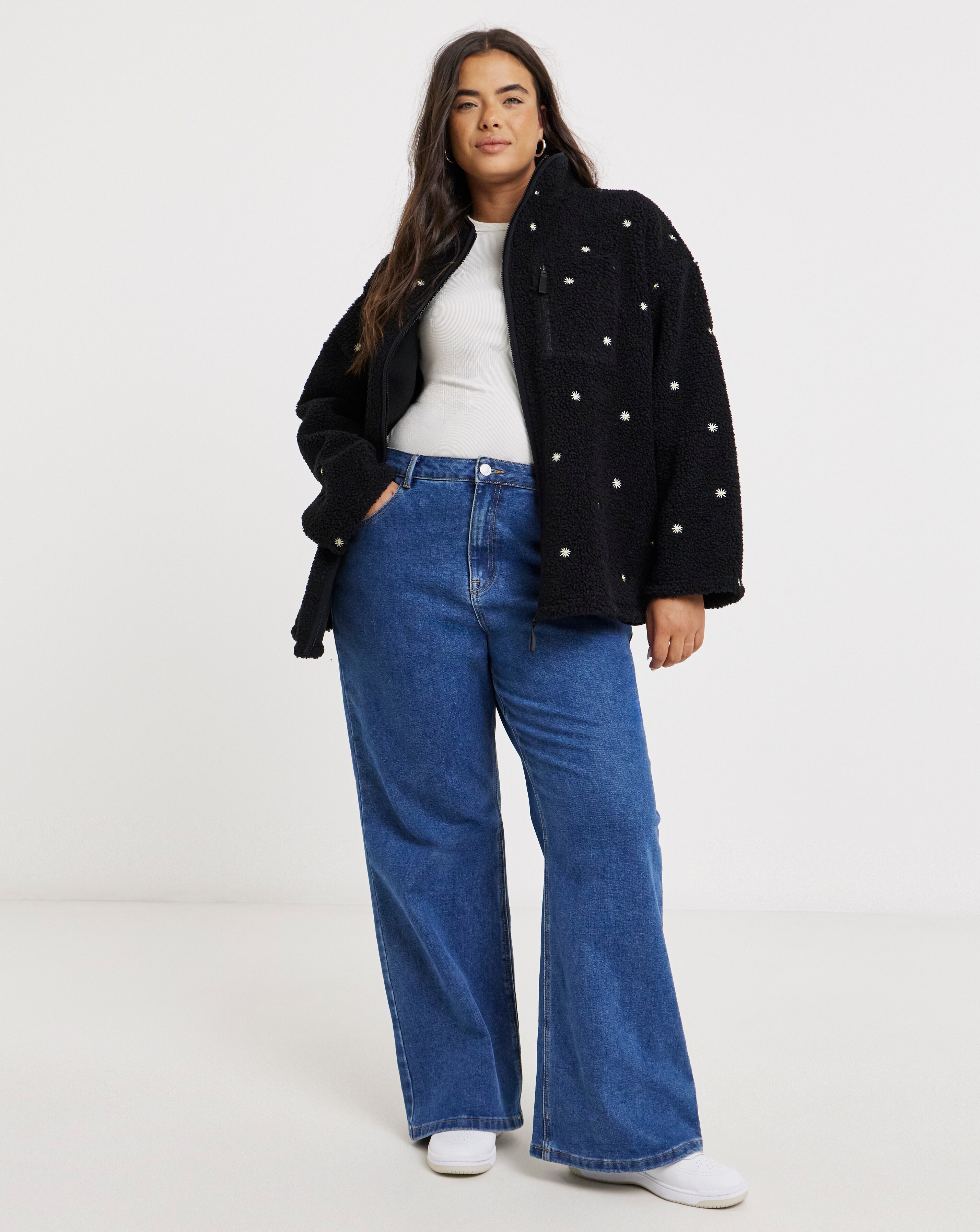 Black Embroidered Floral Borg Zip Through