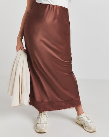 Chocolate Lace Trim Satin Maxi Skirt