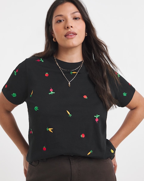 Simply Be Black Ditsy Vegetables Embroidered Tee