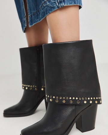 Enid Leather Western Studded Cuff Ankle Boots - Wide Fit (E)
