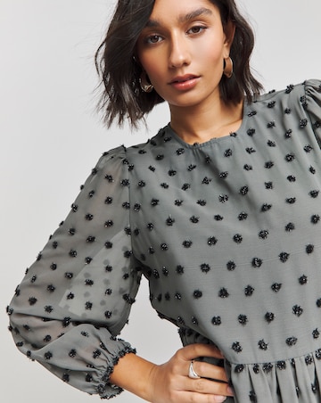 Grey Spot Oversized Dobby Long Sleeve Smock Dress