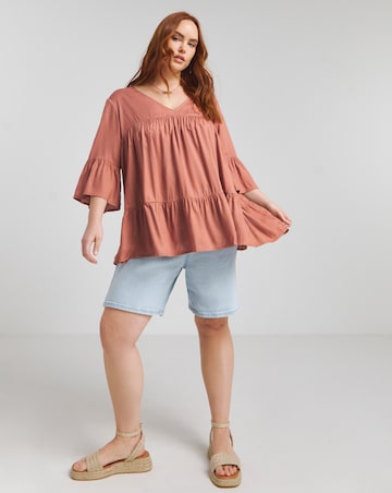 Simply Be Terracotta Viscose V Neck Tiered Smock Blouse
