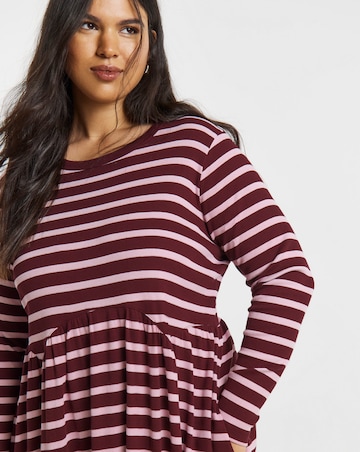 Burgundy And Pink Stripe Ribbed Midi Dress With Pockets