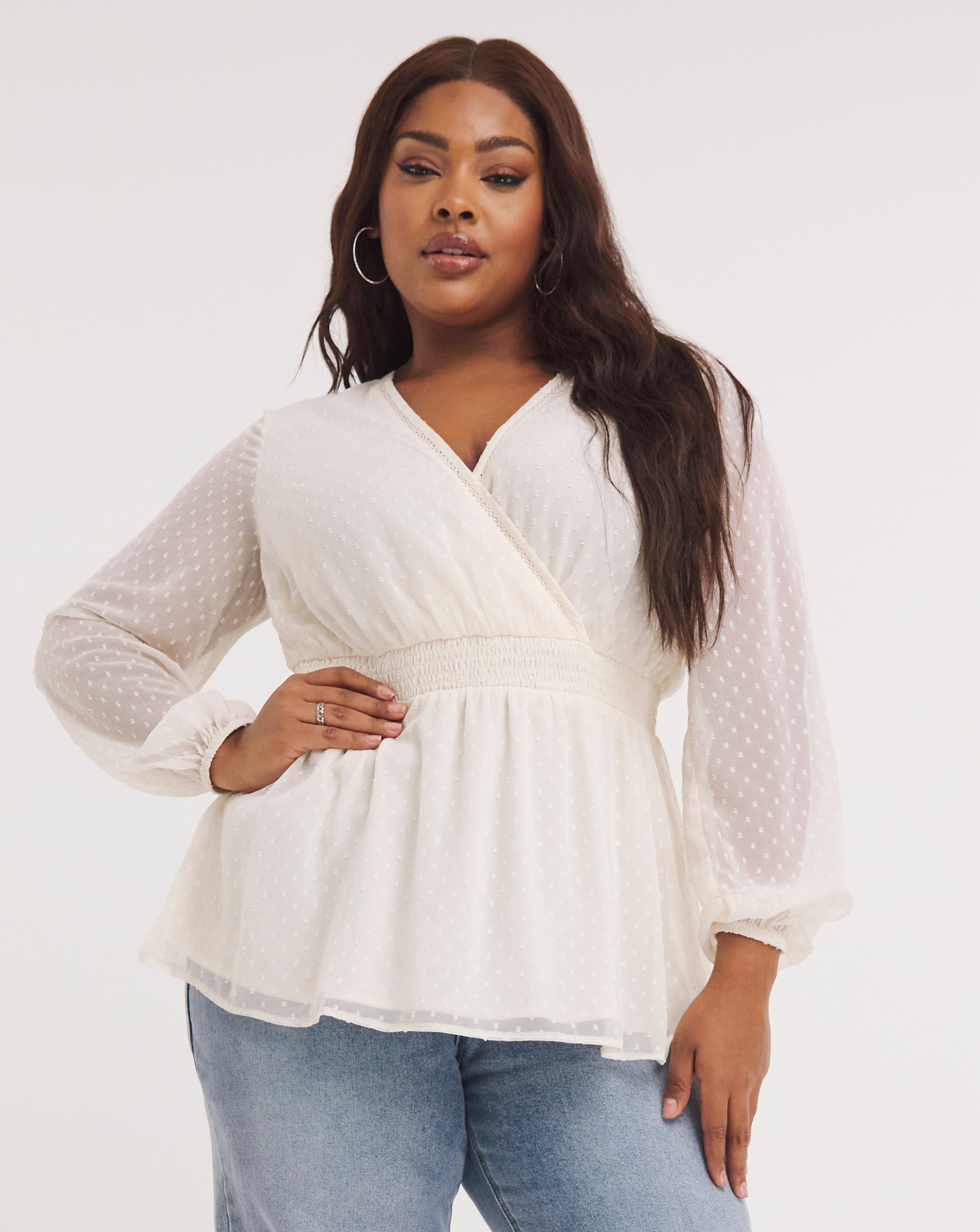 Stone Dobby Shirred Waist Long Sleeve Wrap Blouse Simply Be