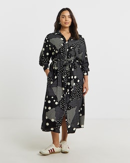 Black Spot Print Spun Viscose Belted Shirt Dress