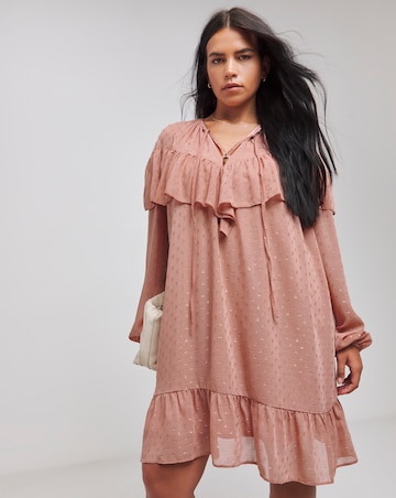 Rose Pink Lurex Dobby Frill Smock Dress