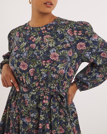 Blue Floral Printed Belted Skater Dress