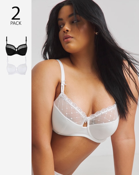 Pretty Secrets (2 Pack) Rachel Embroidered Balcony Wired Bras (B-G) Black/White