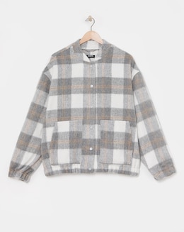Grey Checked Brushed Faux Wool Bomber