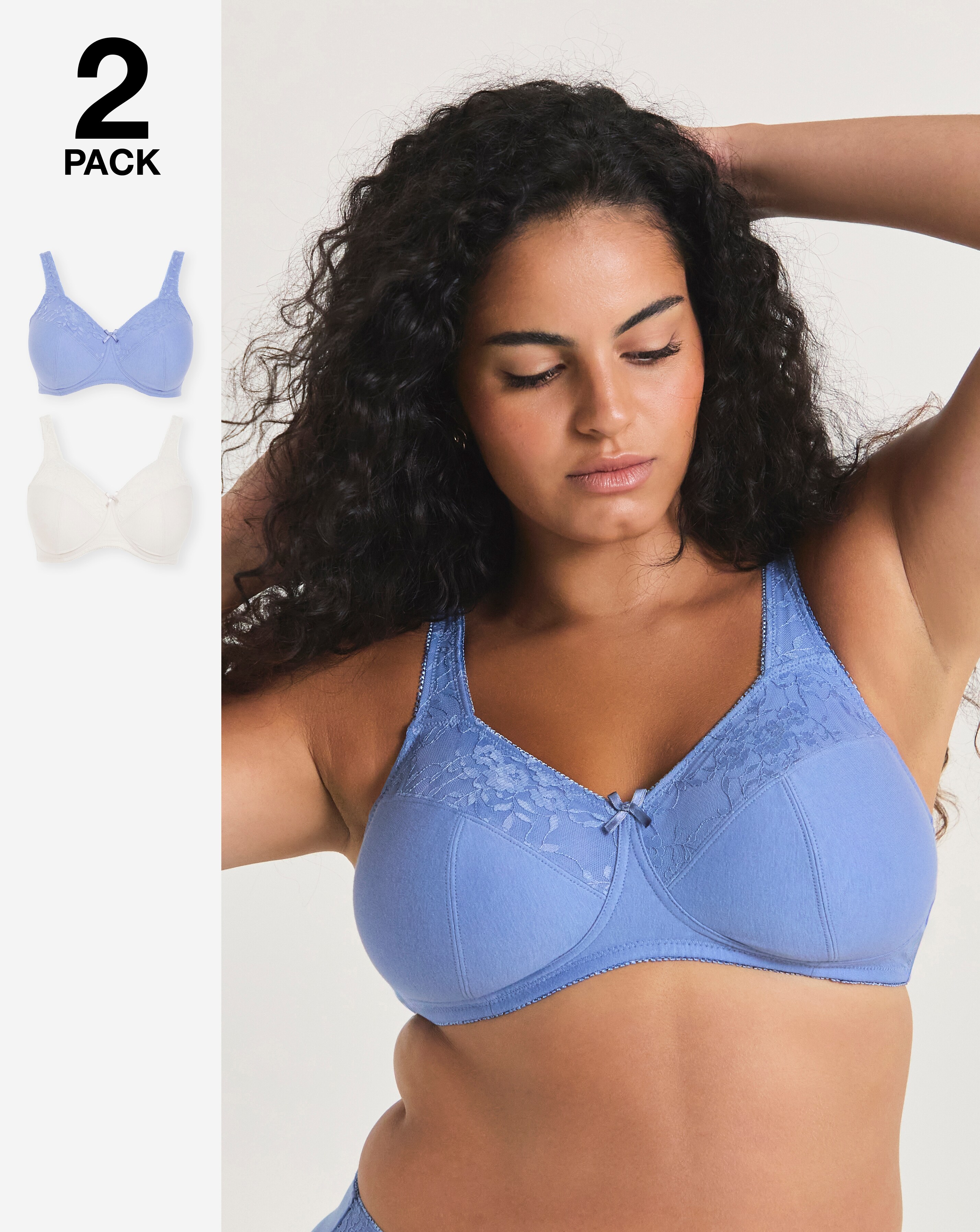 Pretty Secrets (2 Pack) New Sarah Cotton Full Cup Non Wired Bras (B-G) Blue/Crm