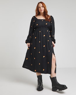 Embroidered Peach Midi Dress With Shirred Back