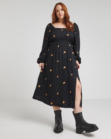 Embroidered Peach Midi Dress With Shirred Back