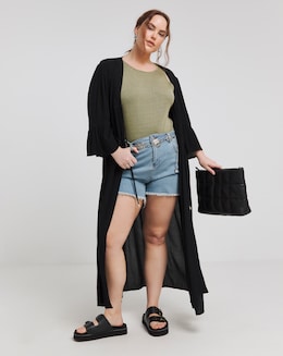 Simply Be Black Embroidered Trim Longline Kimono With Shell Tie