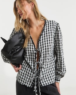 Gingham Tie Front Long Sleeve Top
