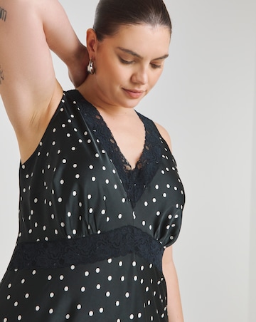 Spot Print Lace Trim Midaxi Satin Slip Dress