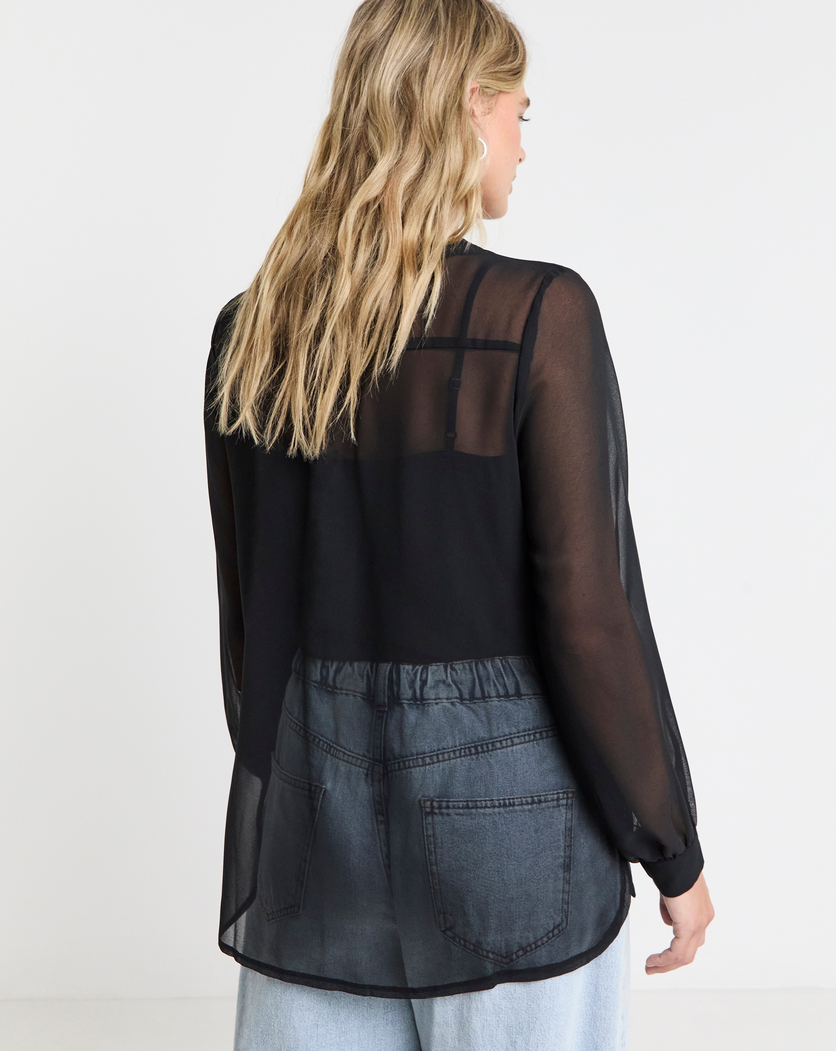 Black Long Sleeve V Neck Sheer Shirt Simply Be