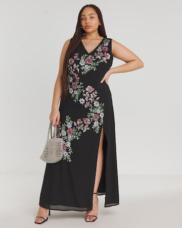 Maya Curve Floral Embellished Front Split Maxi Dress