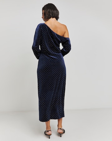 Navy Velour Hotfix Draped Midaxi Dress