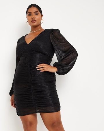 Black Lurex Ruched Front Bodycon Dress