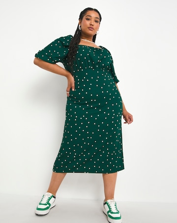 Green Spot Long Sleeve Milkmaid Waffle Midi Dress