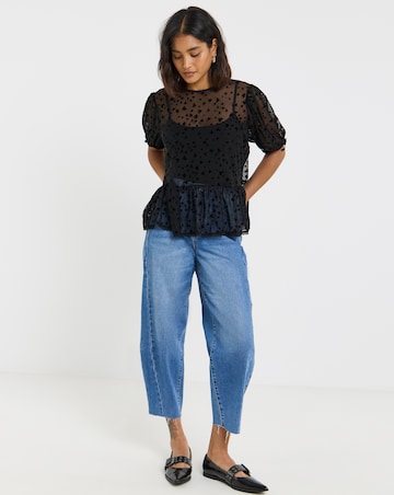 Simply Be Black Velvet Heart Mesh Puff Sleeve Top
