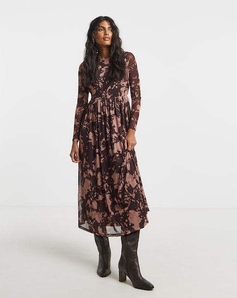 Simply Be Burgundy Print Mesh Midi Dress